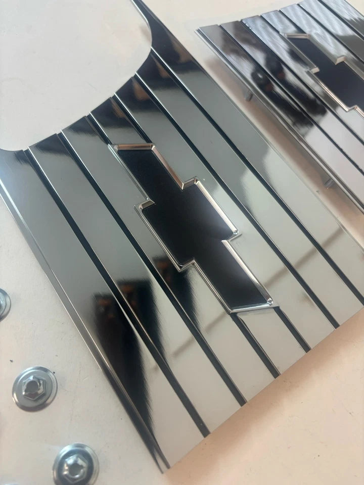 NEW 1957 1958 CHEVY CAMEO TRUCK FRONT BED BOWTIE PLATES SAIL SHOW CHROME