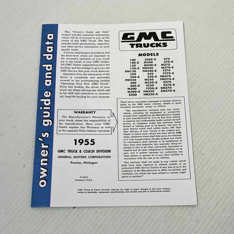 Manuals: 1955 GMC Truck Owner's Guide And Data Manual 10 Page Super Nice And Rare