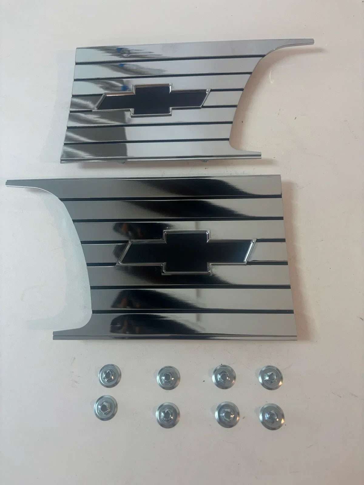 NEW 1957 1958 CHEVY CAMEO TRUCK FRONT BED BOWTIE PLATES SAIL SHOW CHROME