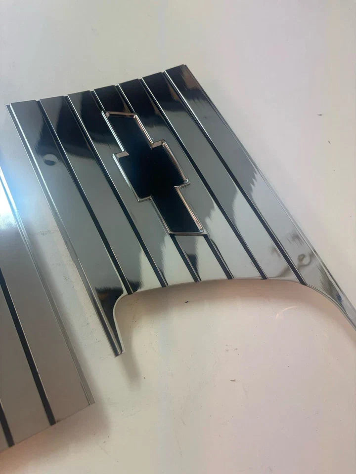 NEW 1957 1958 CHEVY CAMEO TRUCK FRONT BED BOWTIE PLATES SAIL SHOW CHROME