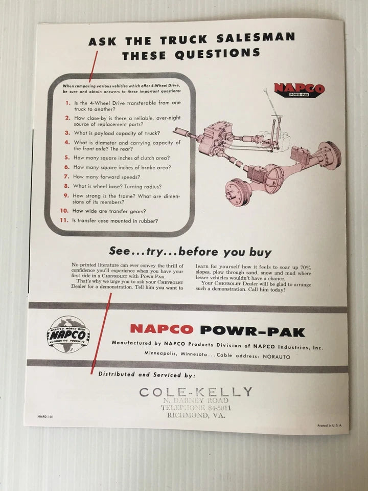 New Sales Price Brochure 1955 1956 NAPCO Chevy GMC Truck Half 3/4 1 And 2 Ton