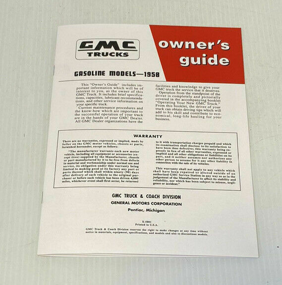 Manuals: 1958 GMC Truck Owner's Guide And Data Manual 16 Page Super Nice And Rare